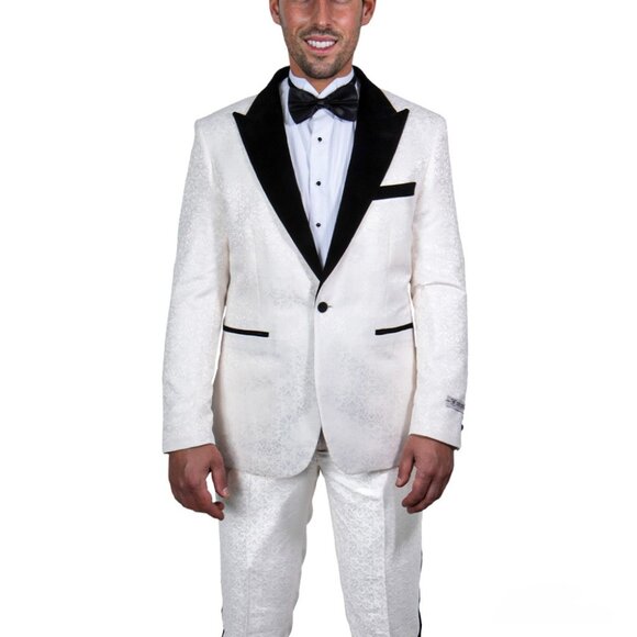 Ivory/Black Paisley Velvet Peak Lapel 2 Piece Stacy Adams Men's Suit - Picture 1 of 3